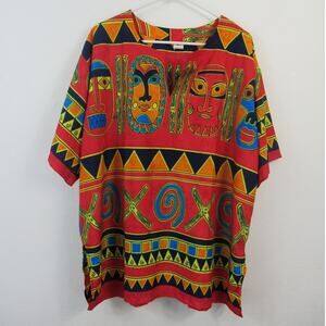 Rima XL Tribal Printed Top Beachwear Red Funky Festival Retro